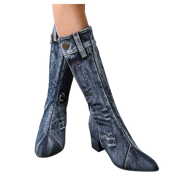 Oyedens Denim Mid Calf Boots for Women 2024 Fashion Casual Heels Womens Winter Fall Tall Boots