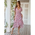 thumbnail image 3 of Women's Floral Boho Maxi Dress Wrap Short Sleeve V Neck Ruffle A-Line Flowy Wedding Guest Long Dresses, 3 of 6