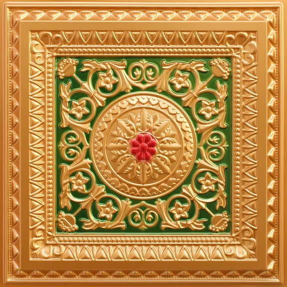 Dundee Deco's Victorian Gold-Green-Red Floral Glue Up/Drop In Ceiling Panels, 2 ft. X 2 ft. (4 sq ft.) each, Pack of 50