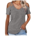 thumbnail image 1 of Camiseta de manga corta sólida de verano para mujer con hombros descubiertos y cuello en V informal con cordones OAVQHLG3B Store lin121212, 1 of 5