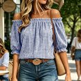 thumbnail image 6 of ClodeEU Women's Plaid Off Shoulder Blouse,Short Puff Sleeve Cropped Casual Summer Top Navy-Plaid ^,Women's Plus S, 6 of 9