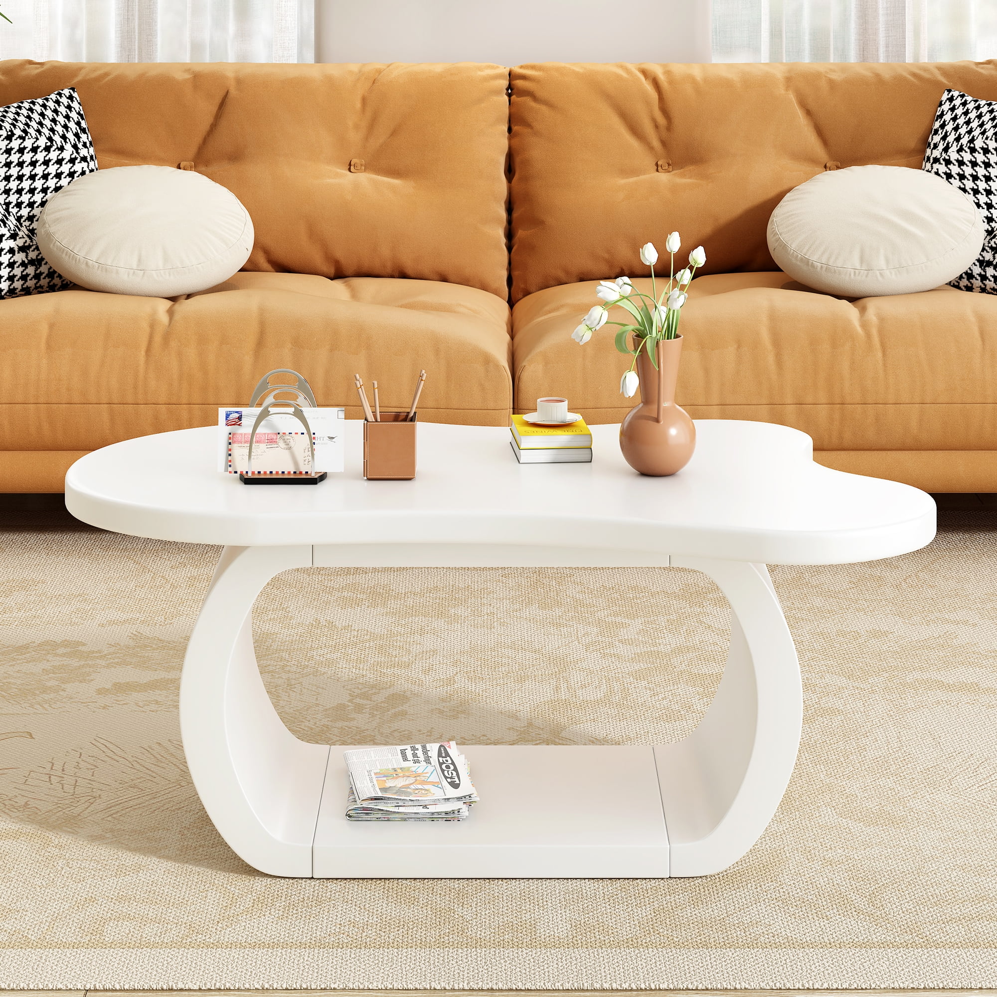 Euroco Charming Irregular-Shaped Coffee Table with Curved Legs, Cloud-Shaped Top, and Smooth MDF Surface – Compact & Easy Assembly for Living Room, Bedroom, or Balcony