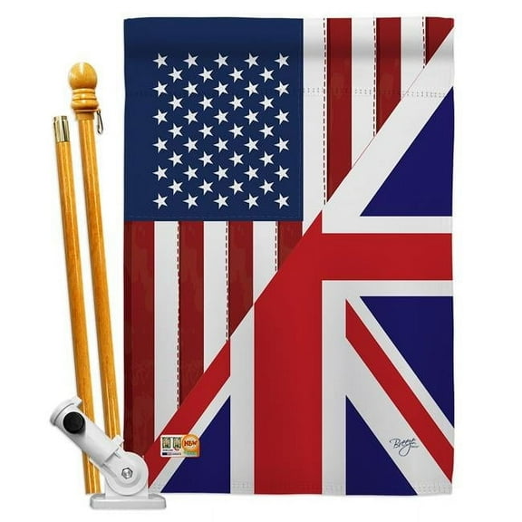 BD-FS-HS-108380-IP-BO-D-US16-BD 28 x 40 in. US & UK Friendship Flags of the World Impressions Decorative Vertical Double Sided House Flag Set with Pole Bracket Hardware