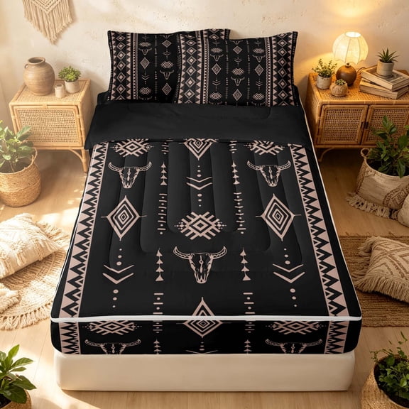 Erosebridal Boho Aztec Zipper Twin Comforter Sets with Fitted Sheet and 2 Pillowcases, Vintage Geometric Zipper Bedding Set, Black Blush, Black Reversible