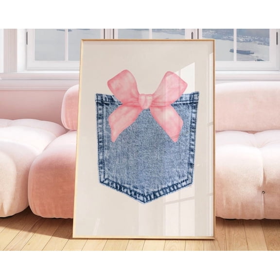 Pink Bow Print, Demim Blue Wall Art, Denim Western Cowgirl Print, Vintage Cowgirl Art, Retro Wall Art, Gift For Teen Girl Wall Art, Modern Wall Decor, 8x12 UNFRAMED