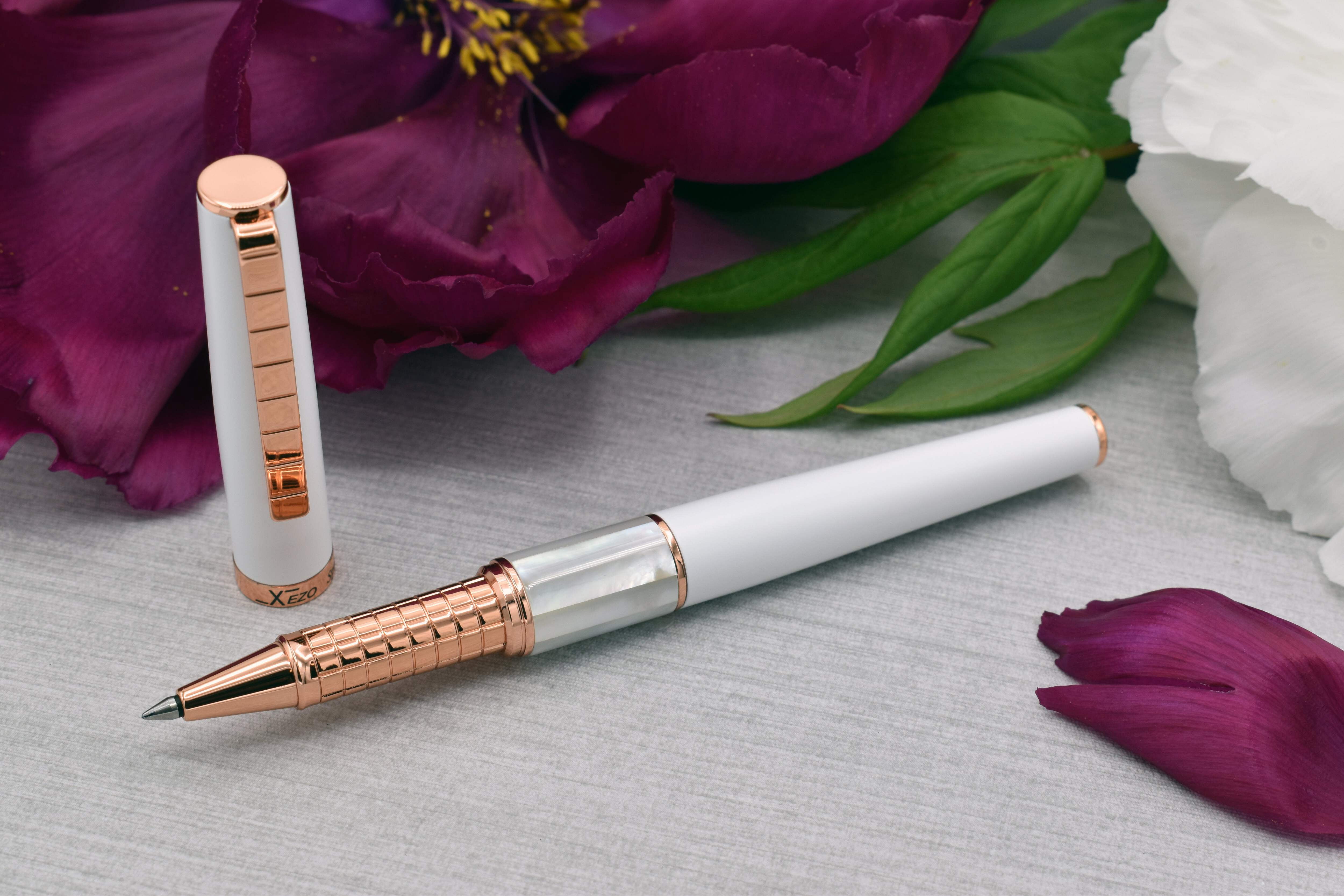 Xezo Speedmaster® White Brass Fountain Pen (Fine Nib) - With White Mother of Pearl  Rose Gold