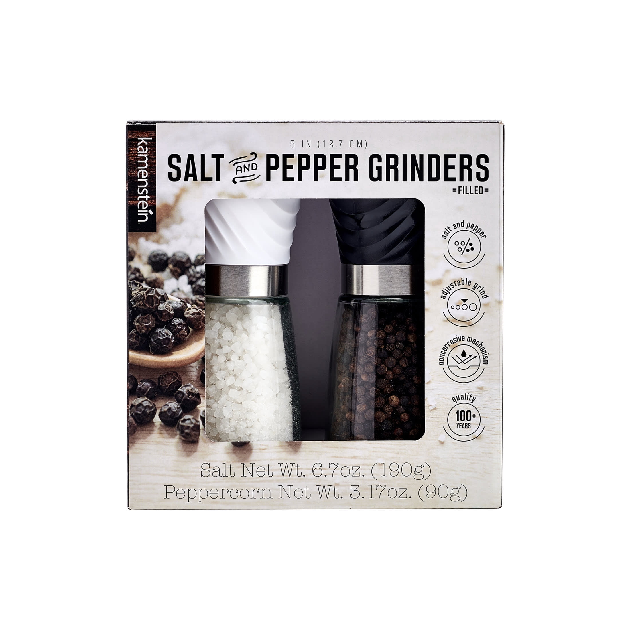 Kamenstein Set of 2 Prefilled Glass Salt and Pepper Grinders