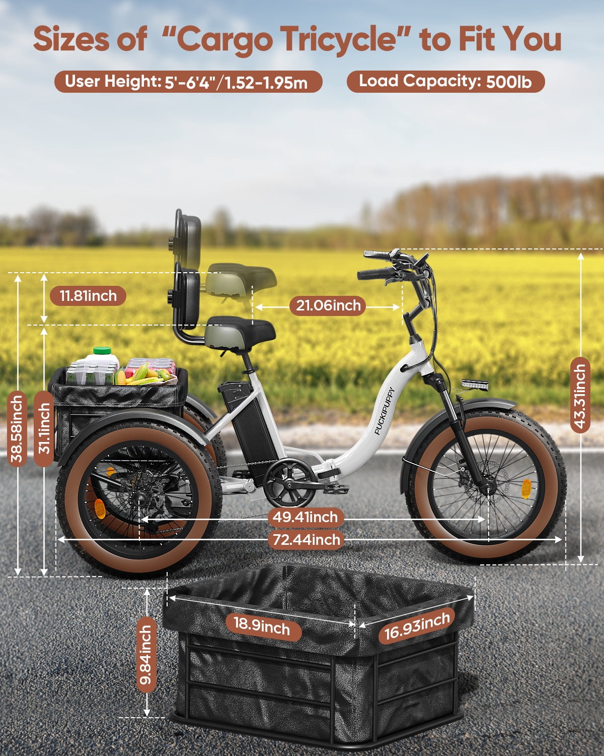 PUCKIPUPPY Electric Tricycle for Adults 960W Rear Motor 55Miles Range 20mph Max Speed 20" Fat Tire Electric Trike 3 Wheel Electric Bike 48V 15AH Battery E-Mountain Bike, Comply with UL2849 By SGS