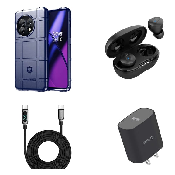 BD Combo Bundle Case for OnePlus 11 5G Case - (Dark Navy Blue) Impact Resistant Flexible Armor Case with Wireless Earbuds, UL Listed USB-C PD Wall Charger, Digital Display USB-C to USB-C Cable