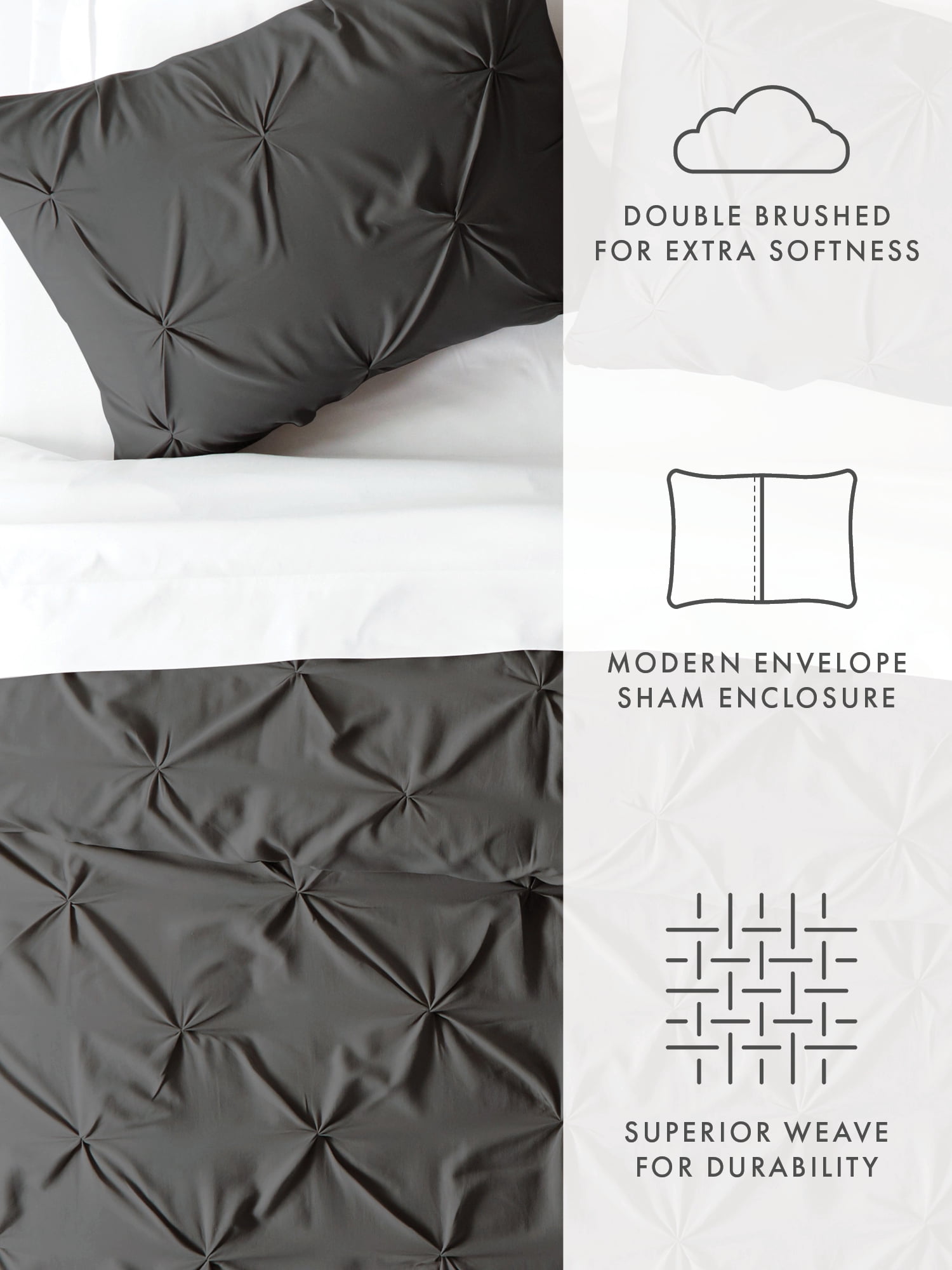 Comfort Canopy - 3 Piece Gray Pinch Pleated Duvet Cover Set with Shams for Queen Size Bedding