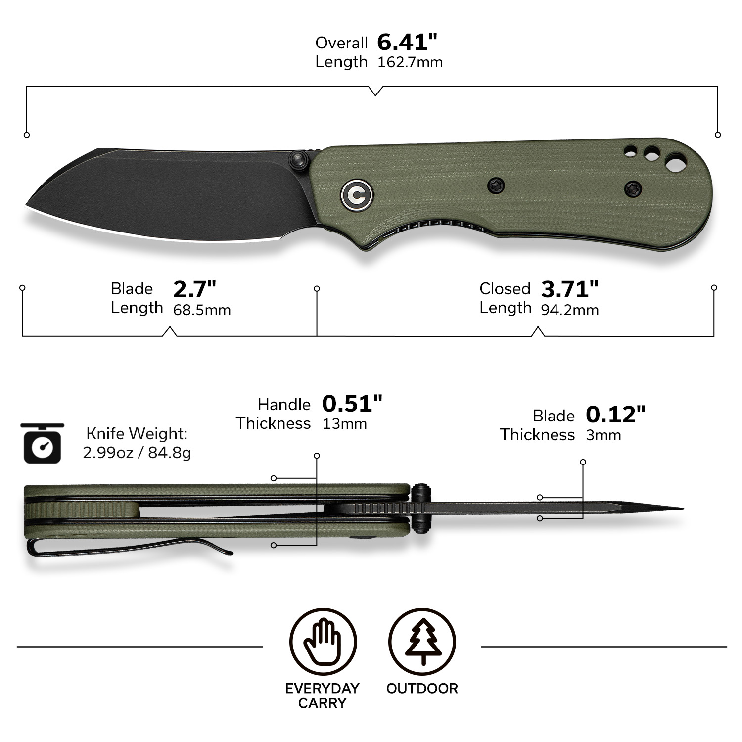CIVIVI Crabby Pocket Knife, EDC Folding Knife for Men Women with Swedish 14C28N Blade Contoured G10 Handle, Designed by Ken Onion Jr. C24055-1