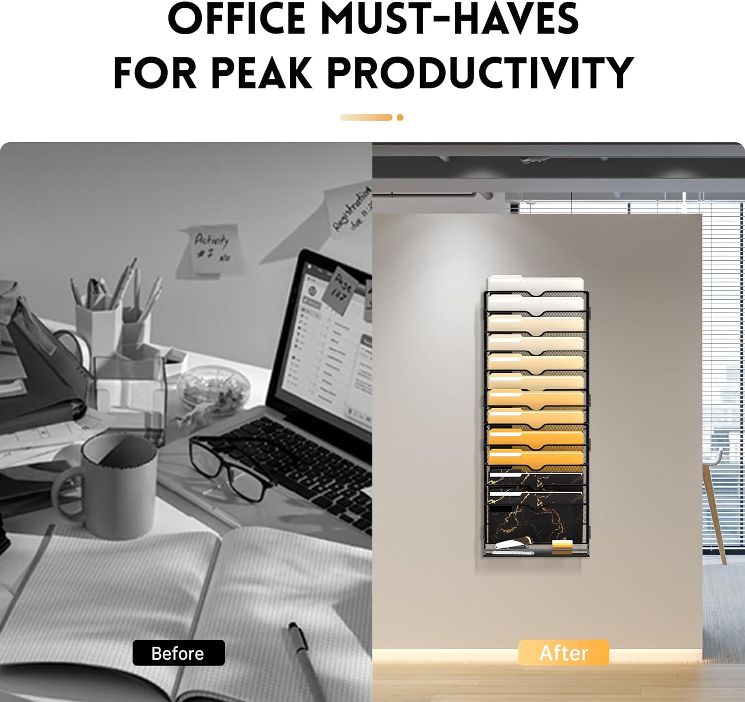 INTIGE 13-Tier Wall Metal File Organizer, Hanging Paper Organization, Black, Screw Mount