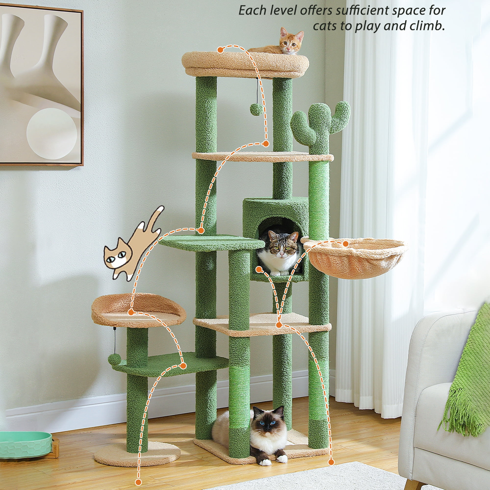 Pefilos 59" Tall Cactus Cat Tree Tower for Large Cats, Multi-Level Cat Condo with Large Hammock, Scratching Post and 2 Perches, Green Pefilos 59" Tall Cactus Cat Tree Tower for Large Cats, Multi-Level Cat Condo with Large Hammock, Scratching Post and 2 Perches, Green