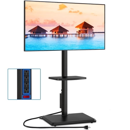 TAVR Furniture Floor TV Stand with Power Outlet for 32 to 60 inch Screens up to 88 lbs  Black Swivel Metal Tall TV Stand Mount