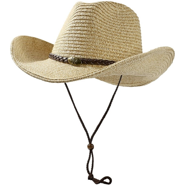 Women Straw Sun Hat Mens Cowboy Style Garden Hat UPF 50+ Wide Brim Summer  Hat with Wind Lanyard