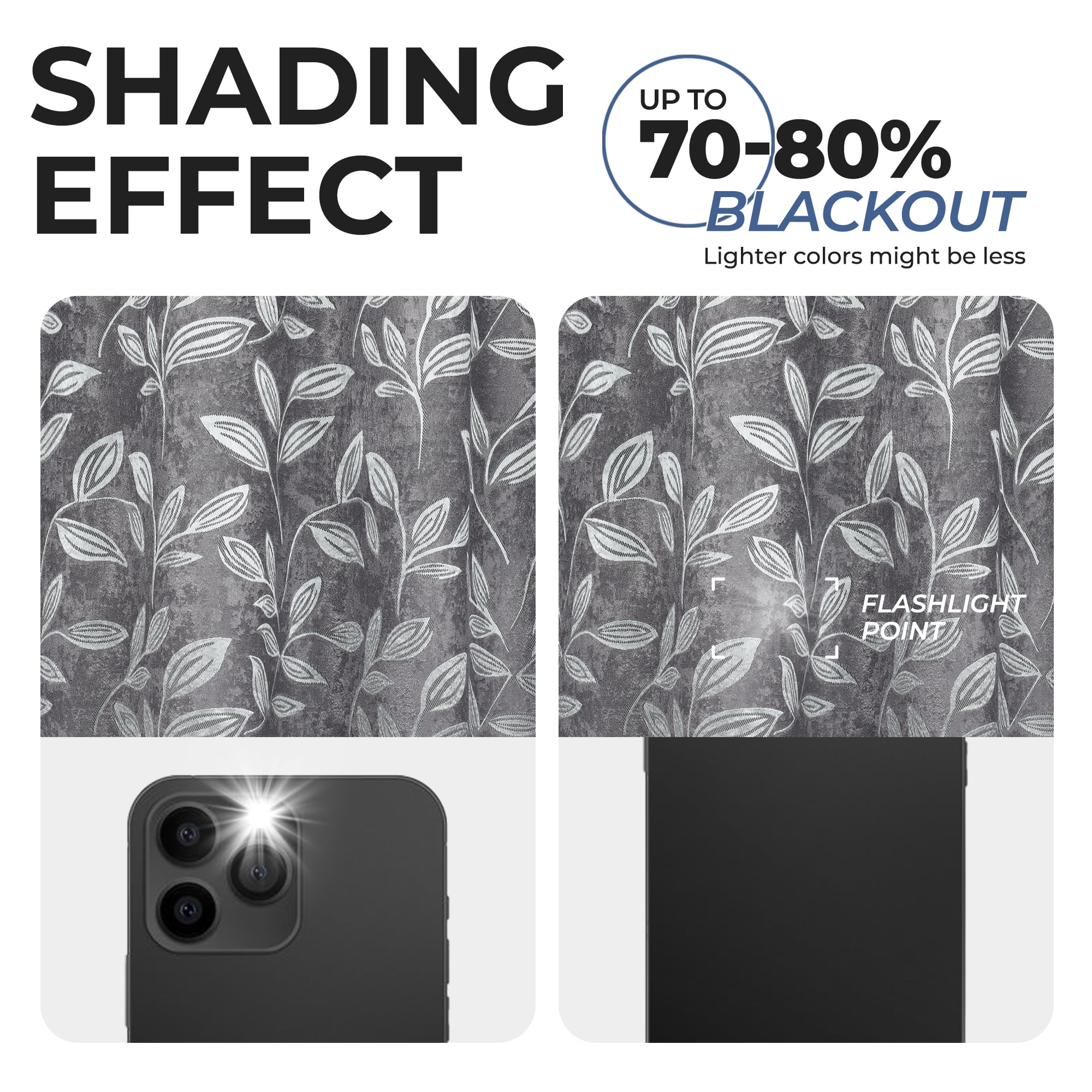 Superior Blackout Leaves Back Tab Curtains Set of 2, Light Filtering Curtain Panel Set, Nickel Black, 52"W x 84"L