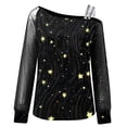 thumbnail image 3 of Top de manga larga con hombros descubiertos y malla para mujer - Blusa con estampado de lentejuelas - Moda informal para fiestas y salidas, 3 of 3