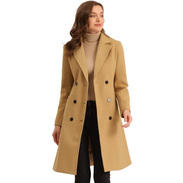 Abrigo largo con doble botonadura y cinturón de invierno con cuello de solapa para mujer Caqui XL