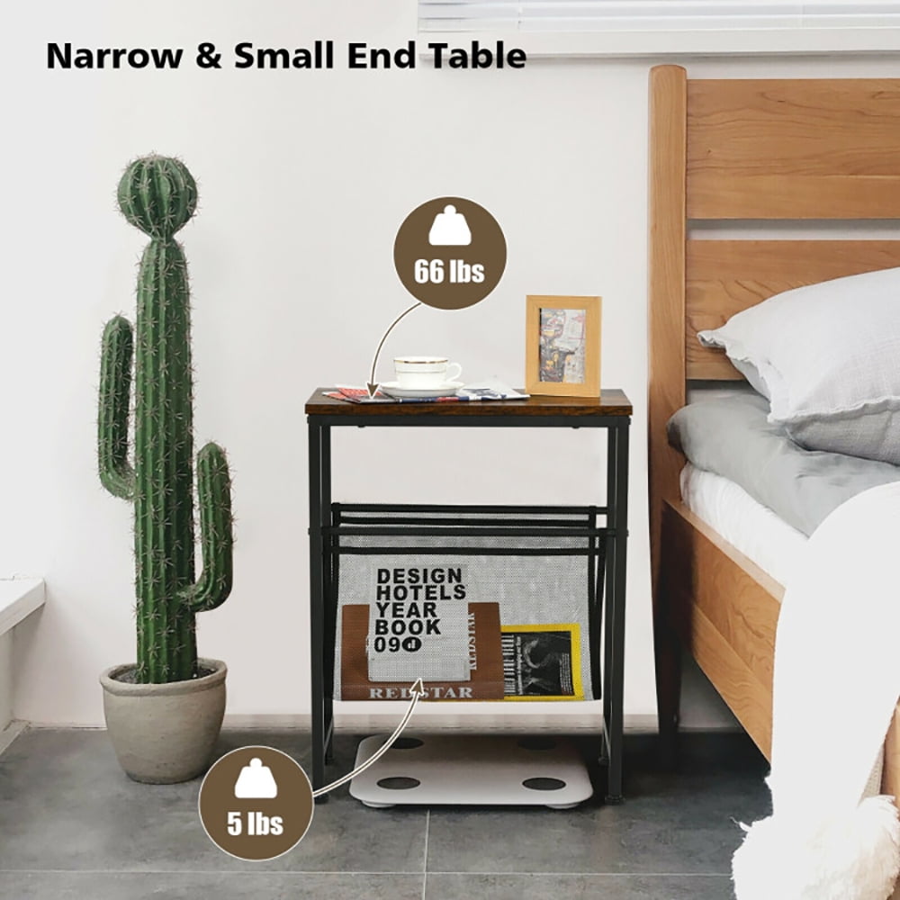 Finihen End Table, Sofa Side Table, Bed Side Table, Narrow End Table with Magazine Holder Sling for Small Space, Living Room, Bedroom, Brown Finihen End Table, Sofa Side Table, Bed Side Table, Narrow End Table with Magazine Holder Sling for Small Space, Living Room, Bedroom, Brown