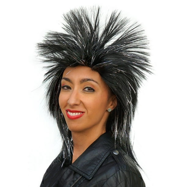 Rock Star Spiked Black Wig with Silver Tinsel Costume Accessory Hair