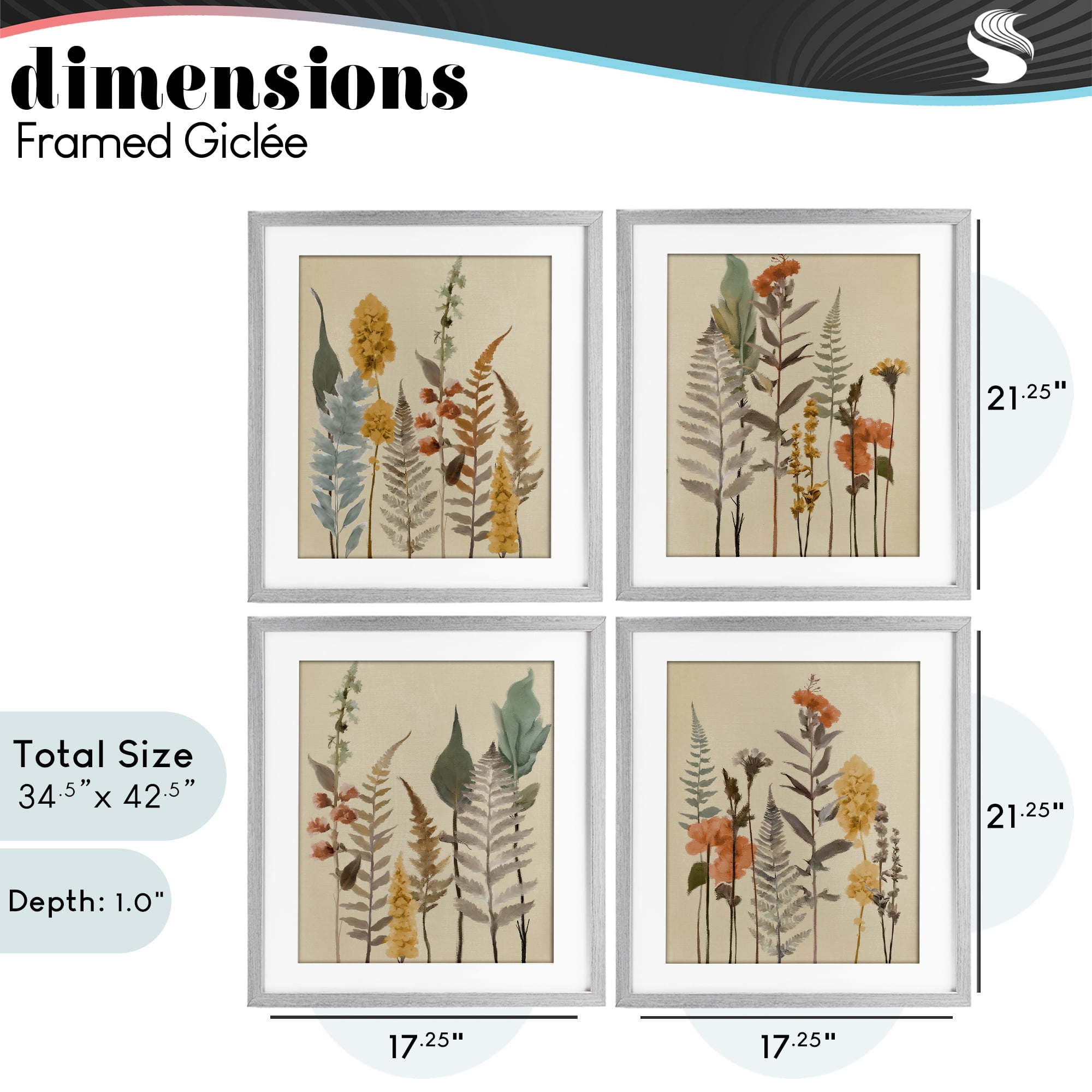 Stupell Industries Wispy Earthy Botanicals 4 Piece Gray Framed Print Under Glass Set, design by Elizabeth Medley