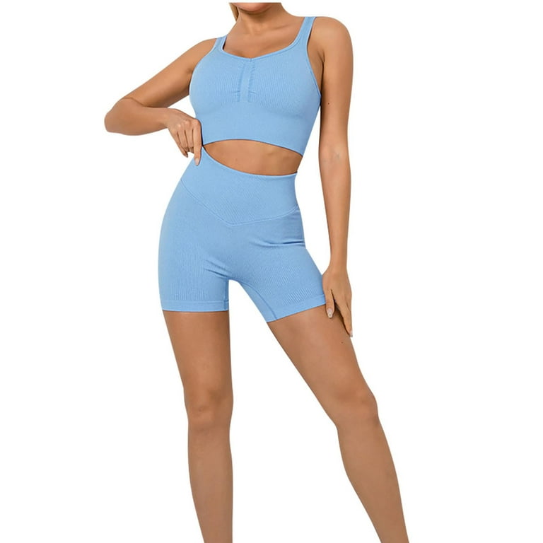 Workout Sets for Women 2 Piece Seamless Ribbed Crop Tank High Waist  Athletic Shorts Yoga Outfits Exercise Set