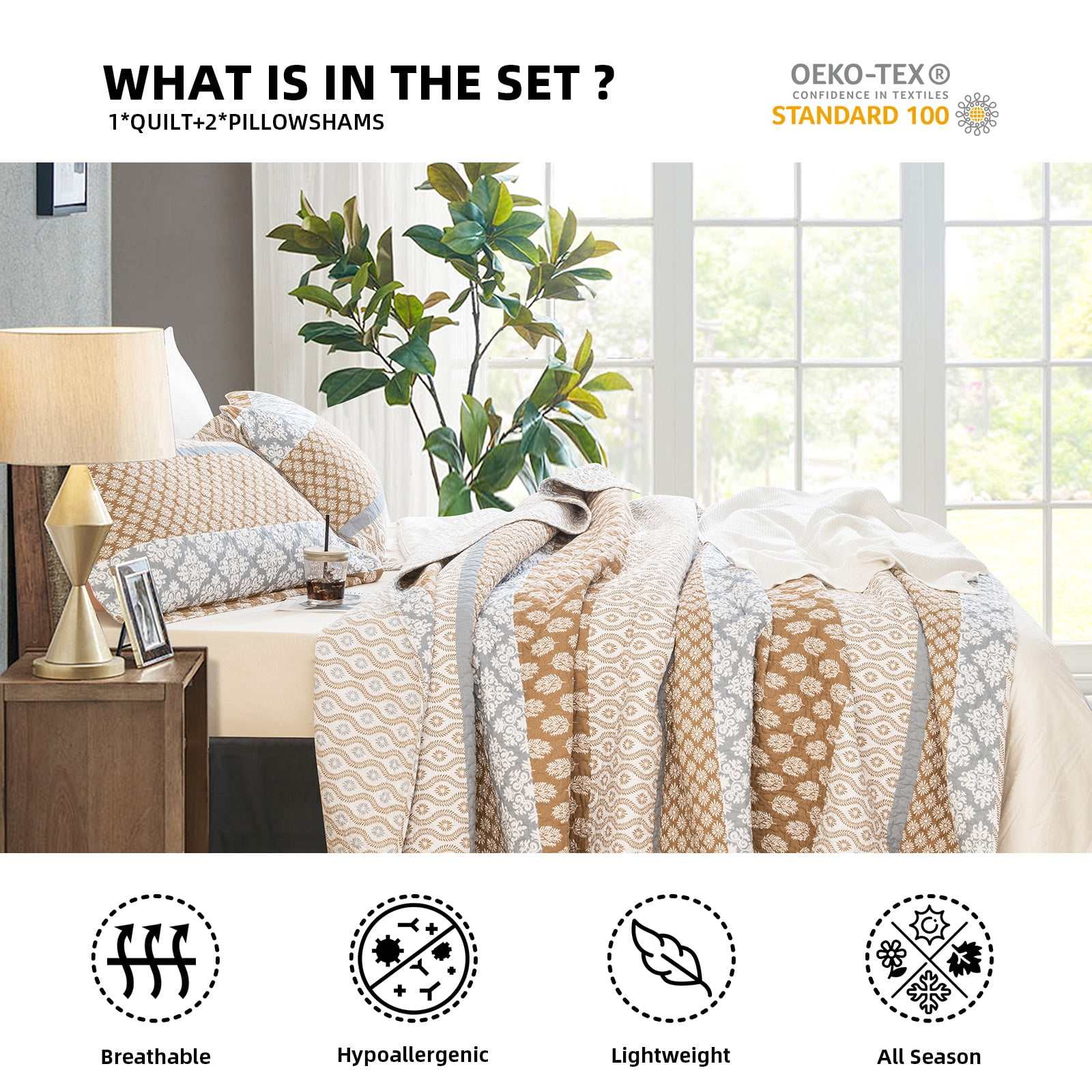 PANGUSHAN 100% Cotton Brown Quilt King Size, King Quilt Bedding Set Quilted Bedspreads, Lightweight Reversible Floral Comforter for King Bed, All Season, Brown/Gray, 3 Pieces