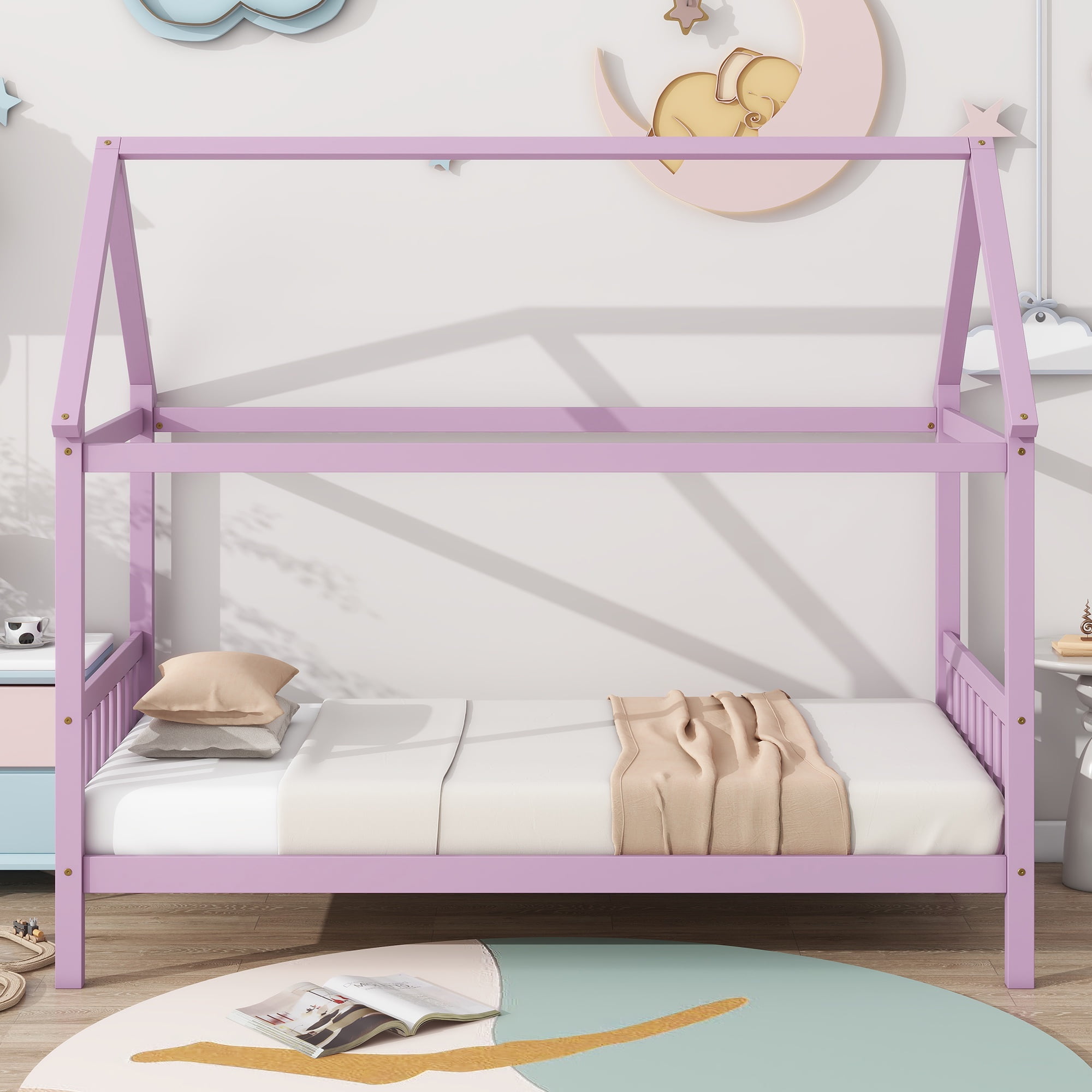 Bellemave Twin House Bed with Headboard and Footboard Sturdy Rubber Wood Platform Bed Frame, Montessori House Bed, No Box Spring Needed  (Twin, Pink)