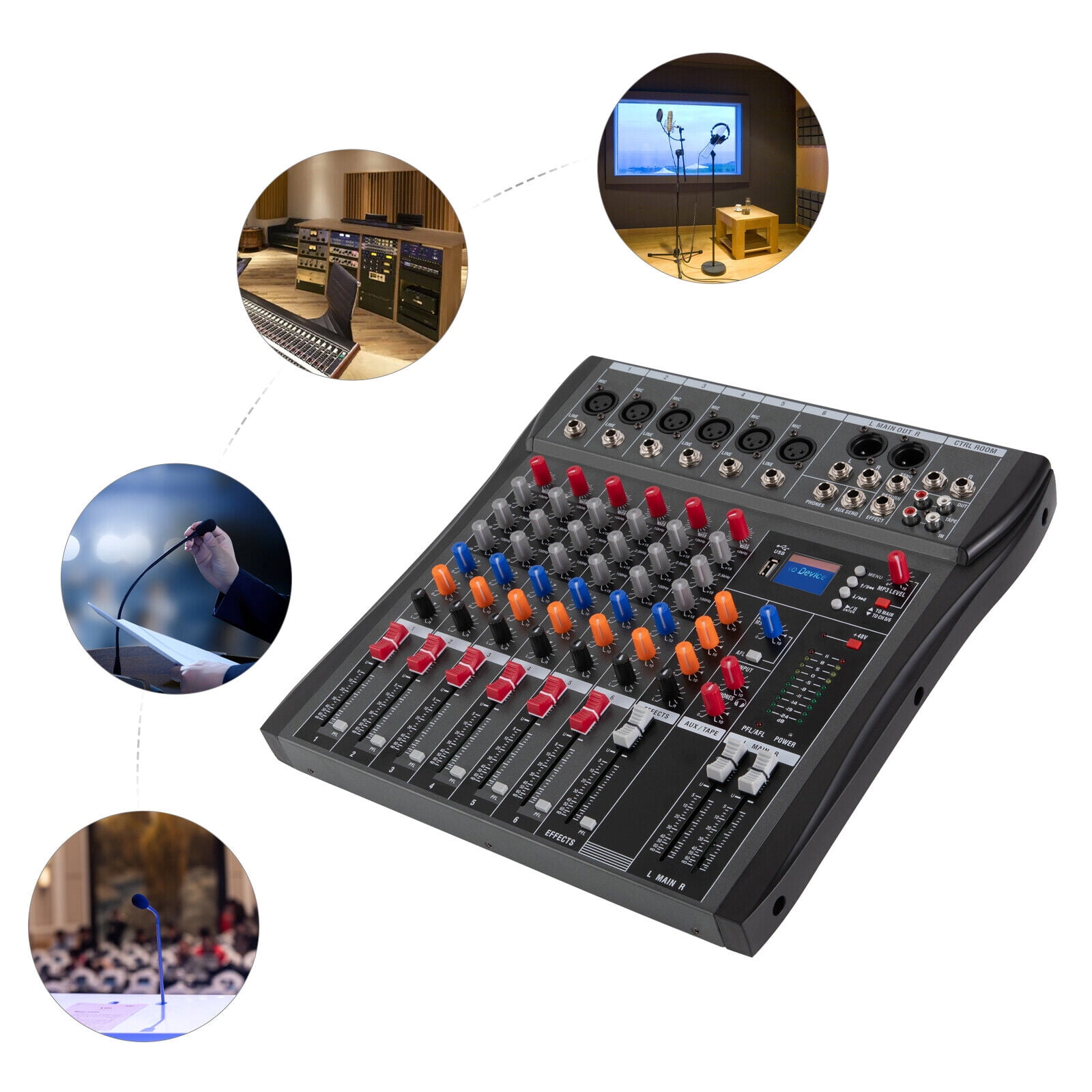 Professional Digital 6-Channel Audio Mixer with Bluetooth, 48V Phantom Power, Built-in Music Modes, and LCD Display