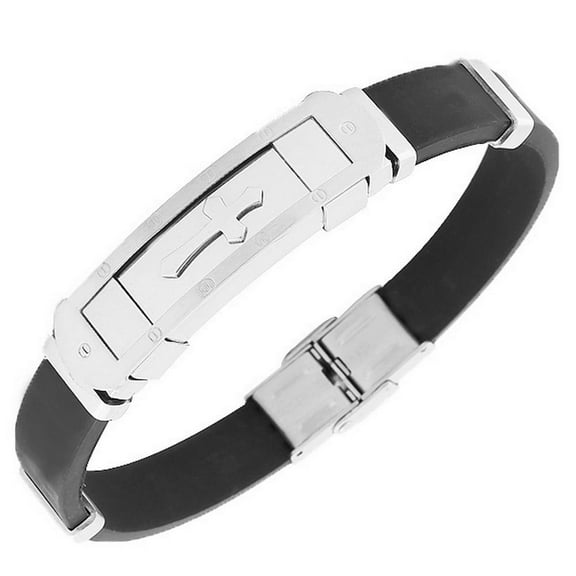 Stainless Steel Black Rubber Silicone Silver Gold-Tone Cross Mens  Bracelet