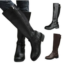 Miluxas Women's Knee High Boots Low Block Heel Riding Boots Round Toe Side Zipper Biker Motorcycle Buckle Boots
