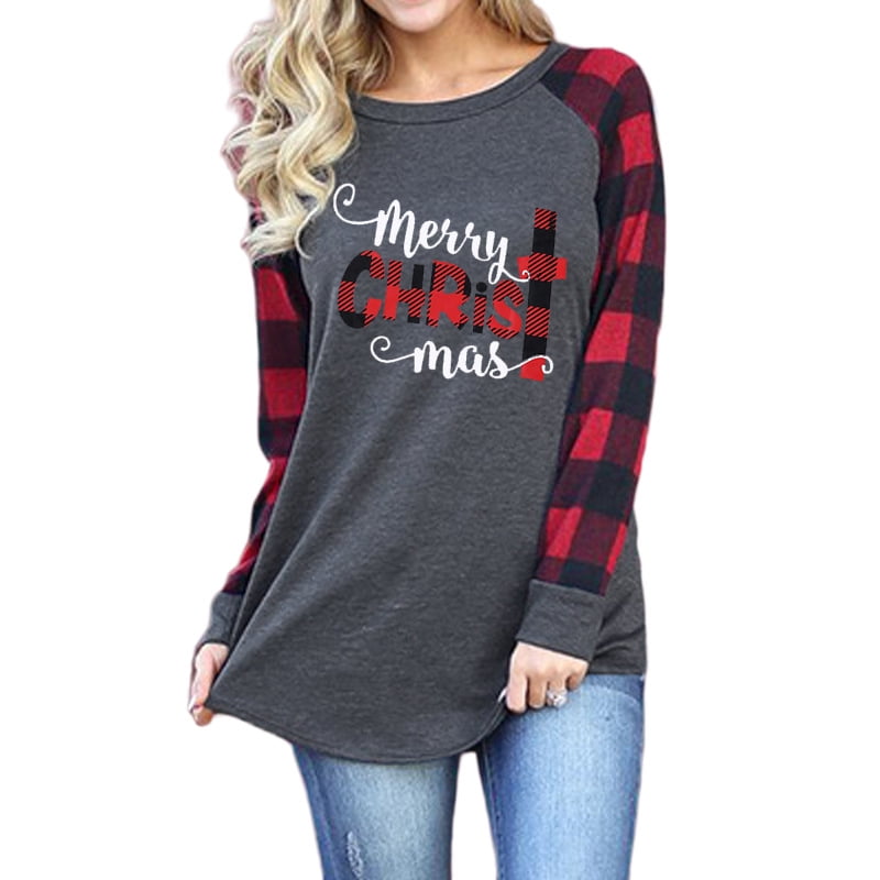 Merry Christmas Graphic T-Shirt Women Letter Printed Long 3/4 Sleeve Splicing Top 