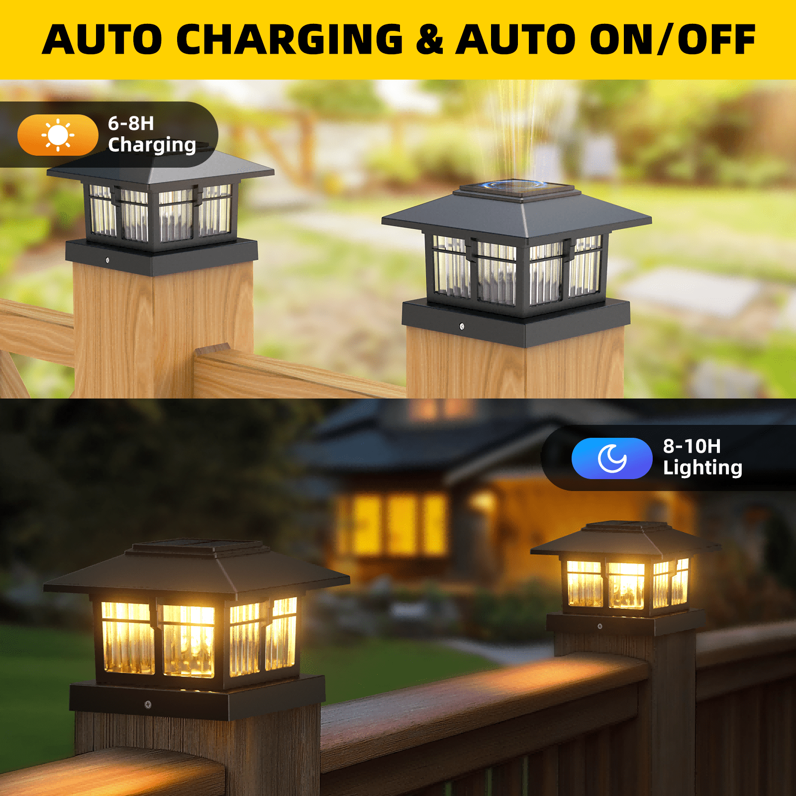 4x4 Solar Post Cap Lights, 6 Pack Fence Deck Post Lights Outdoor Solar Powered Waterproof with Two Light Modes Warm&Cool White for Garden Patio Decor (Black, 6)