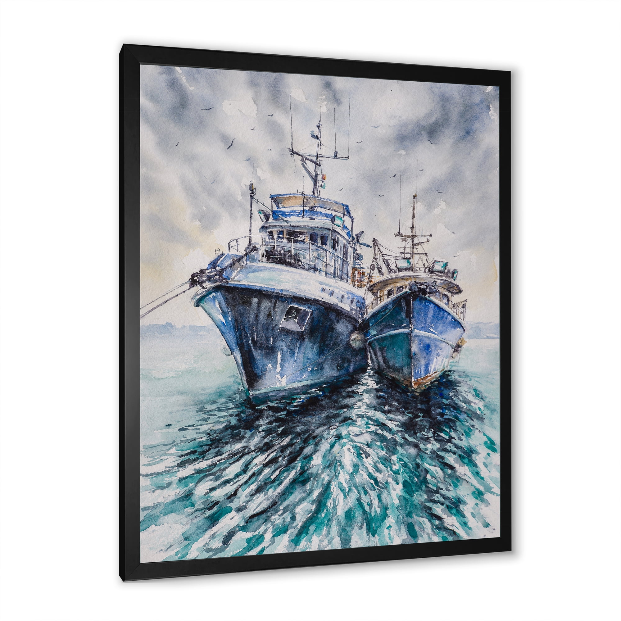 Designart 'Blue Fishing Boats Before A Storm Anchored' Nautical & Coastal Framed Art Print