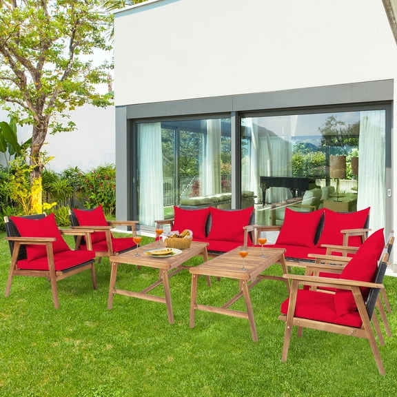Gymax 8PCS Patio Conversation Set Wood Frame Furniture Set w/ Red Cushions
