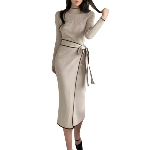 Trending Back to School Womens Fall Casual Sets 2 Piece Outfits Womens High Collar Temperament Mid-Length Tie Knitted Dress