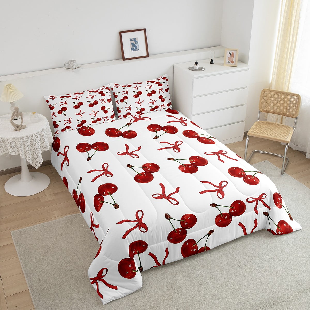 Erosebridal Red Cherry Bedding Sets Full with Comforter, Cartoon Bow Duvet Insert, Princess Style Decor, Reversible 3 Pieces