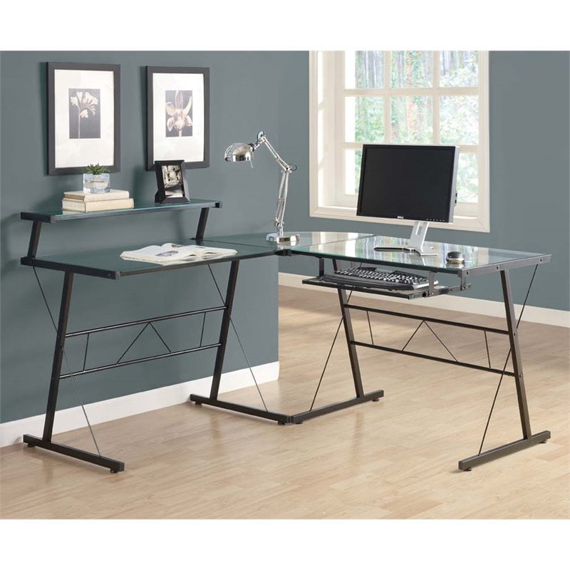 COMPUTER DESK BLACK METAL CORNER WITH TEMPERED GLASS