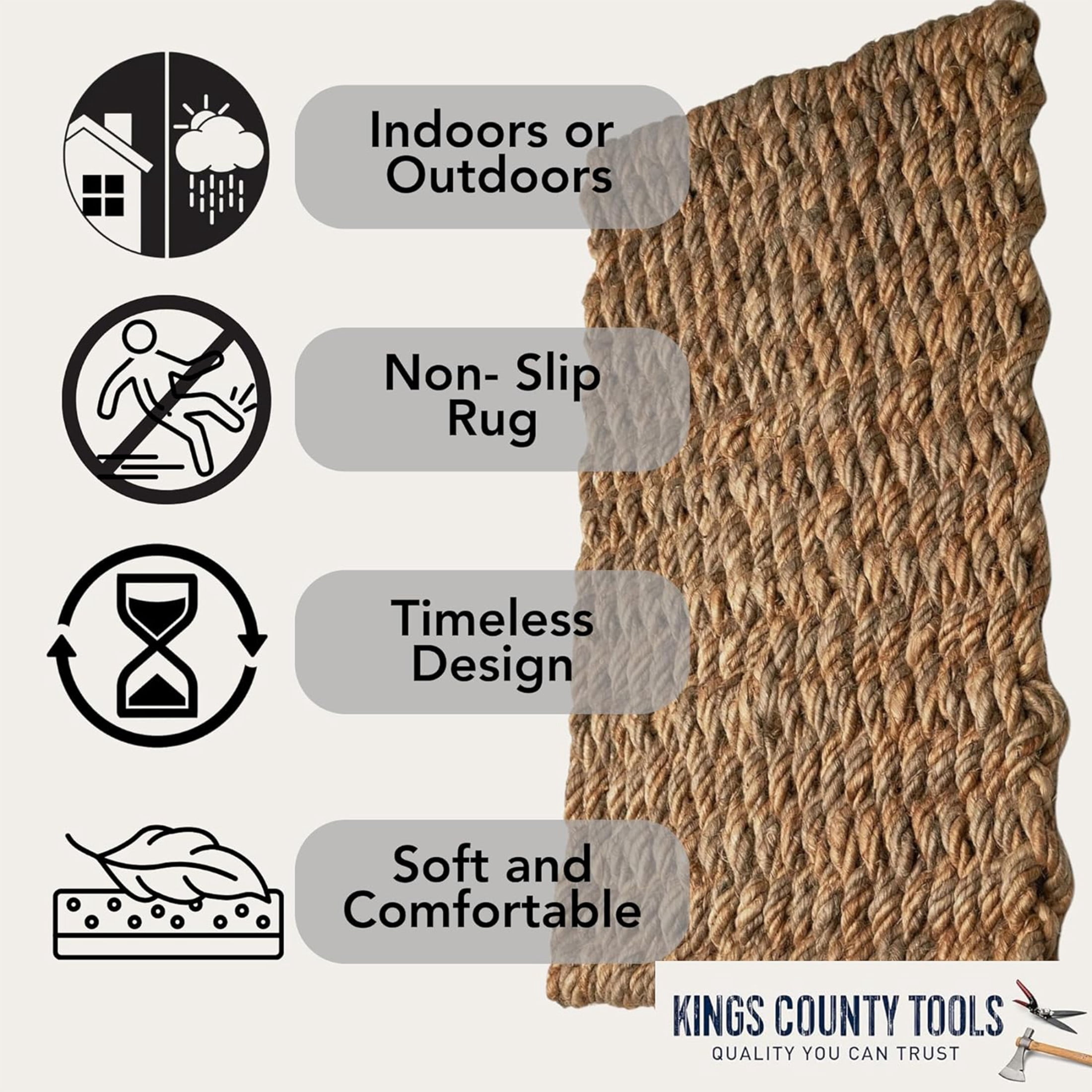 Kings County Tools 30x17” Woven Jute Rug - Indoor or Outdoor Jute Doormat