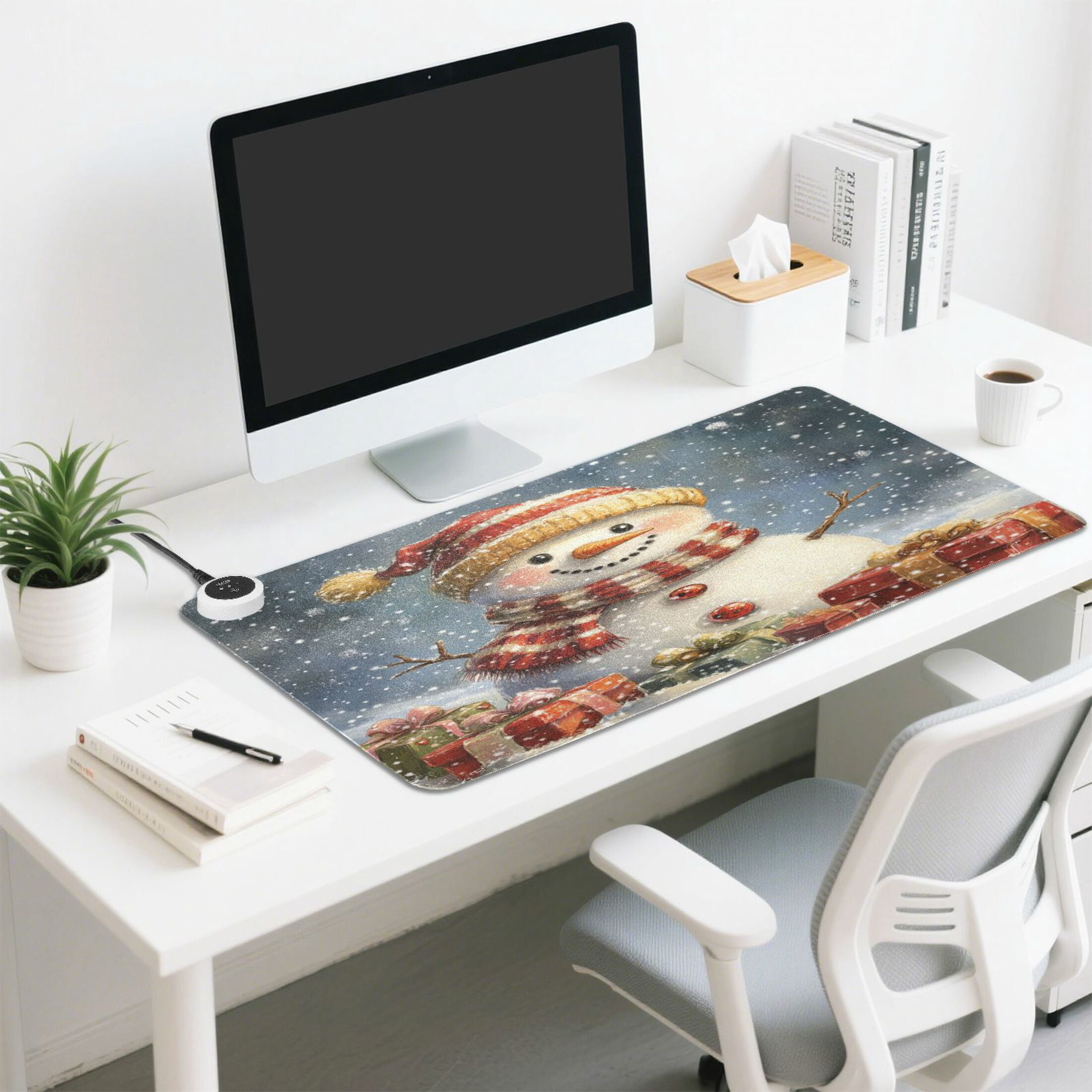 Wobogo Snowman Gift Heated Mouse Pad Extra-Large Desk Mat With 3 Heating Levels and 3-hour Auto Shut-Off Protection Ideal for Computer Keyboards Home Office Hand-warming Essential 31.5in × 13in