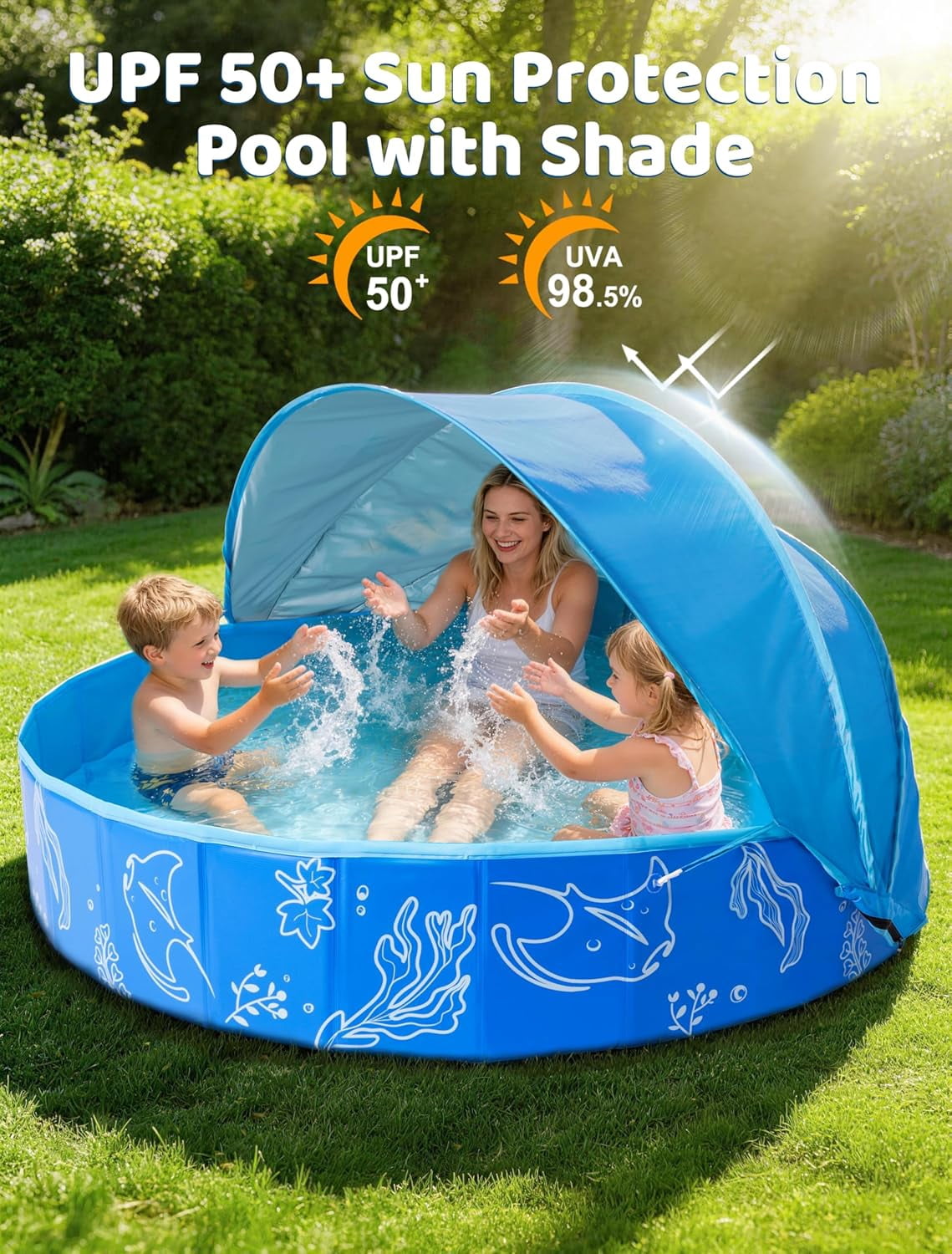 Foldable Kiddie Pool with Canopy: 31.5in/ 47in /63in for Baby Toddler Kids Family - Summer Water Play Pool with Shade - Portable for Outdoor Backyard Beach (Blue-Blue, 63in)