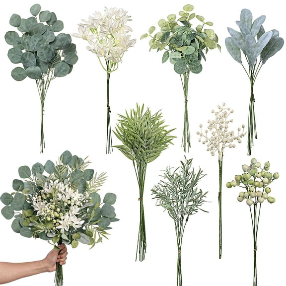 75 Pcs Artificial Eucalyptus Stems, DIY Greenery Set - 8 Varieties Faux Plants Bundles with Silver Dollar, Lamb's Ear, Rosemary, Bamboo Leaves - Realistic Silk Flowers for Wedding Bouquet