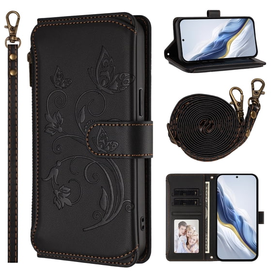 Case for Samsung Galaxy A25 5G, PU Leather   TPU, with Crossbody Strap   Wrist Strap, Zipper Pocket Card Slots and Cash Pocket Magnetic Clasp Kickstand Embossed Women Girls Wallet Case, Black