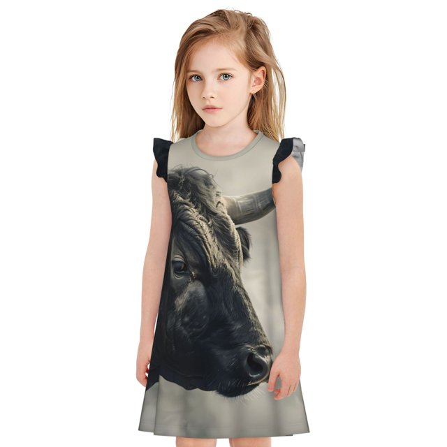 Fotbe Mystical Bull in Fog Vestido de Dormir para Niñas de 3 a 10 Años, Mangas Cortas, Estilo Princesa, Pijama Camisón con Mangas Voladas-Small