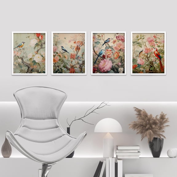 PixonSign Framed Wall Art Chinoiserie Bird and Flower Vintage Asian Inspired Floral Illustrations Posters, Set of 4 Multicolor Nature Wilderness Canvas Prints for Home Decor - 8"x10" White
