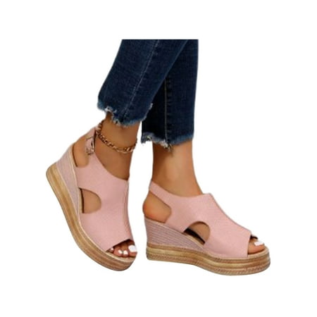 

UKAP Womens Casual Shoes Ankle Strap Platform Sandals Summer Wedge Sandal Slingback Pumps Ladies Beach Cut Out Pink 8.5