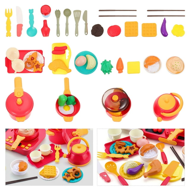 WHAMVOX 49Pcs Set Kids Kitchen Toy Red Plastic Simulation Meals Develop Hands-on Skills Educational Toys 18X3.7In