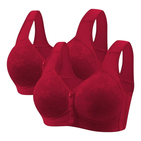 Brglopf 2/3 Pack Daisy Bras for Older Women No Underwire Front Closure Bra Wireless Push Up Full Coverage Lace Everyday Bras 2 Pack-Wine M