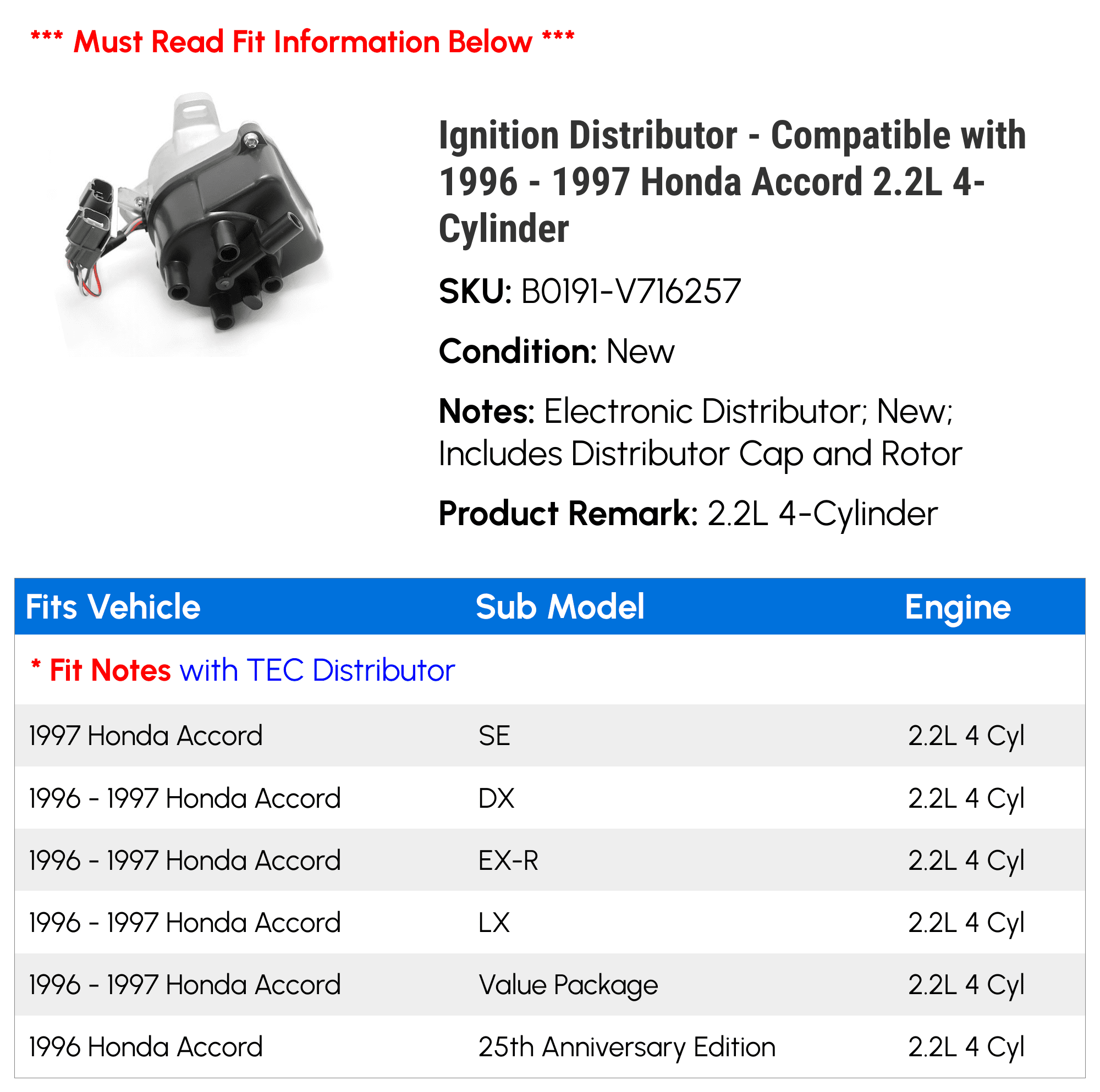Ignition Distributor - Compatible with 1996 - 1997 Honda Accord 2.2L 4-Cylinder - Replacement