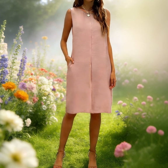 Gamivast Shift Dress for Women Crew Neck Sleeveless Midi Dress With Pockets Loose Fit Solid Color Casual Summer Style A-Line House Dress Lounge Outfits